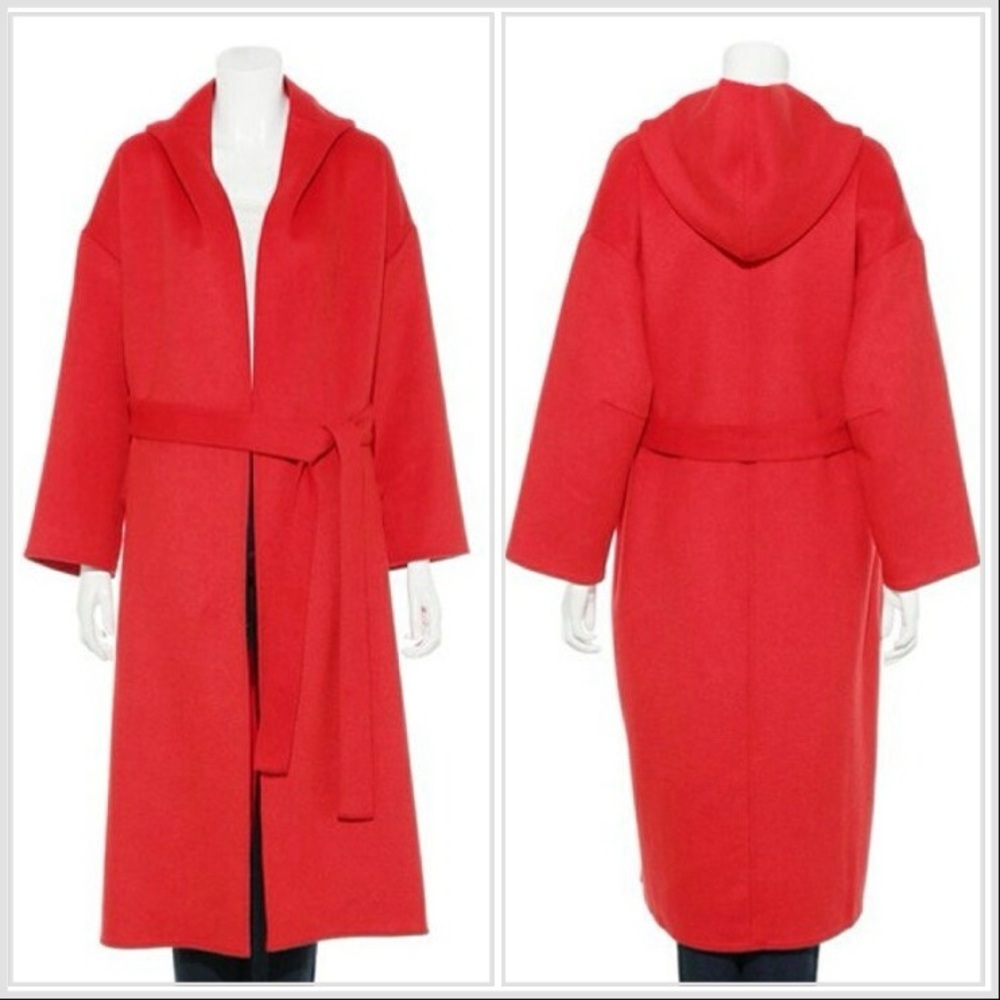 Mila Owen Red Belted Hooded Open Gown Coat Wool Blend Sz 1 Japan Japanese